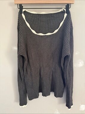 SHEIN Ribbed Scoop-Neck Sweater in Charcoal with Cream Trim